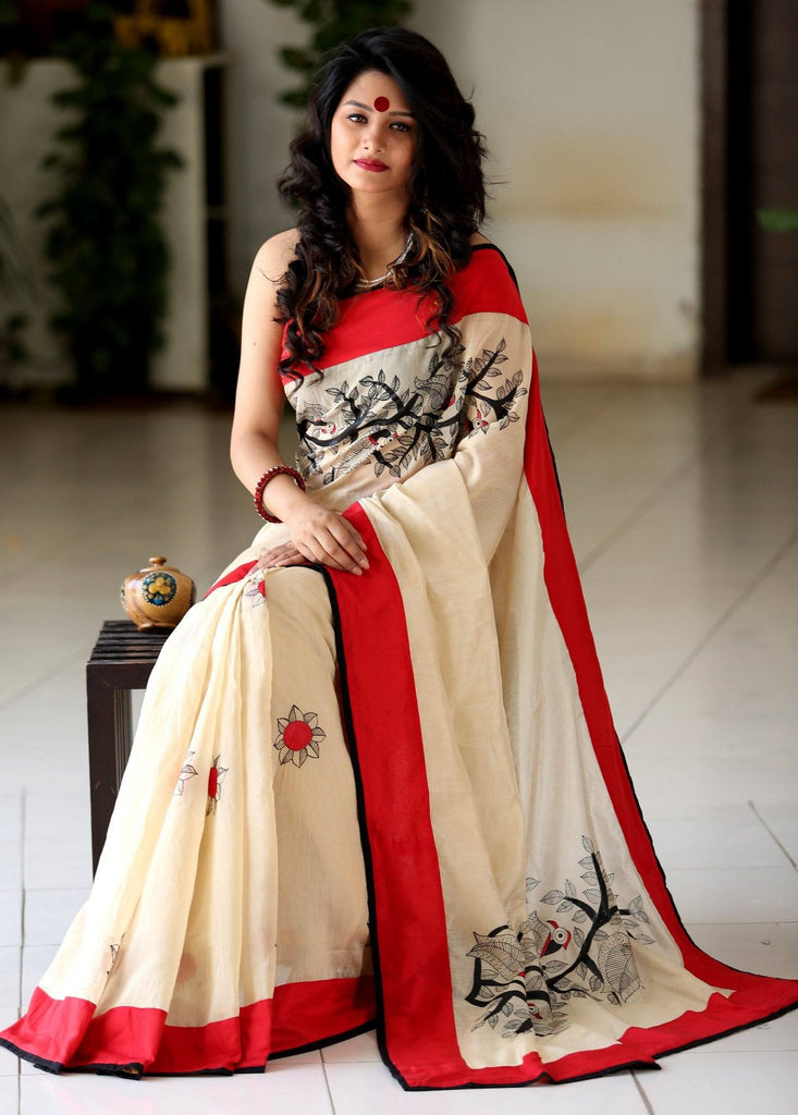 Beige Chanderi saree with hand painted motifs - Sujatra