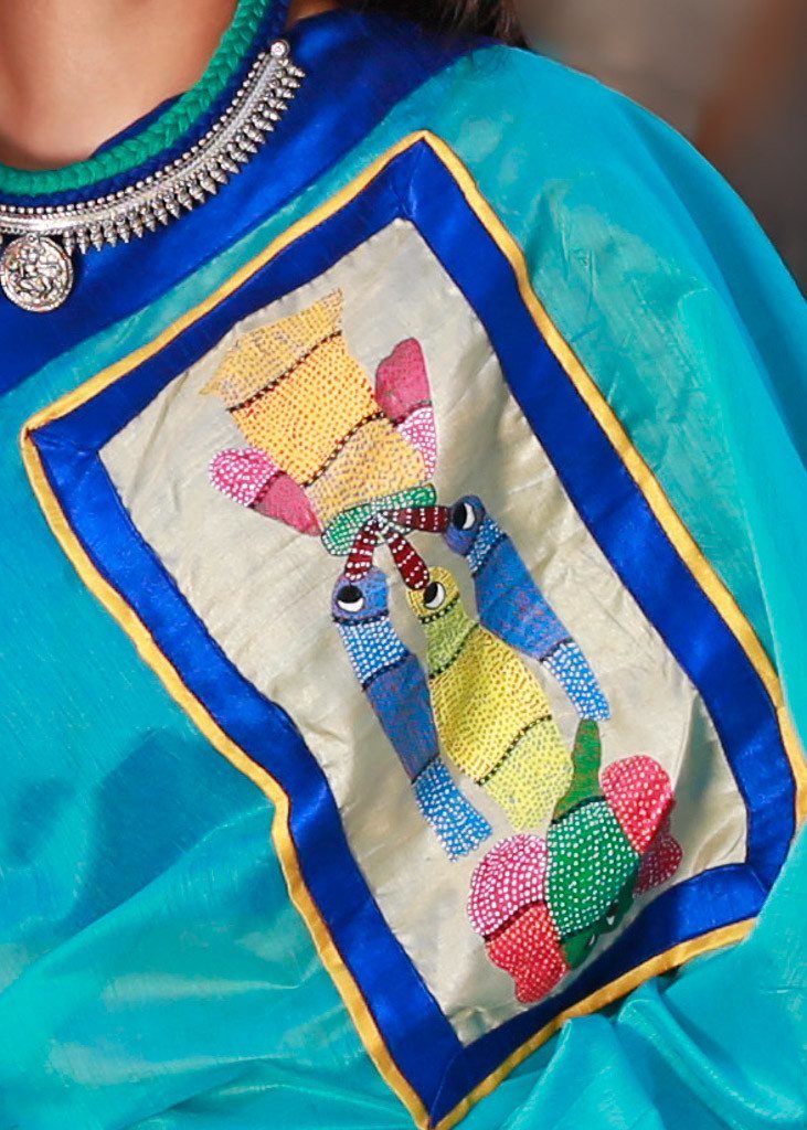 Blue Chanderi with unique hand painted gond tribal art - Sujatra