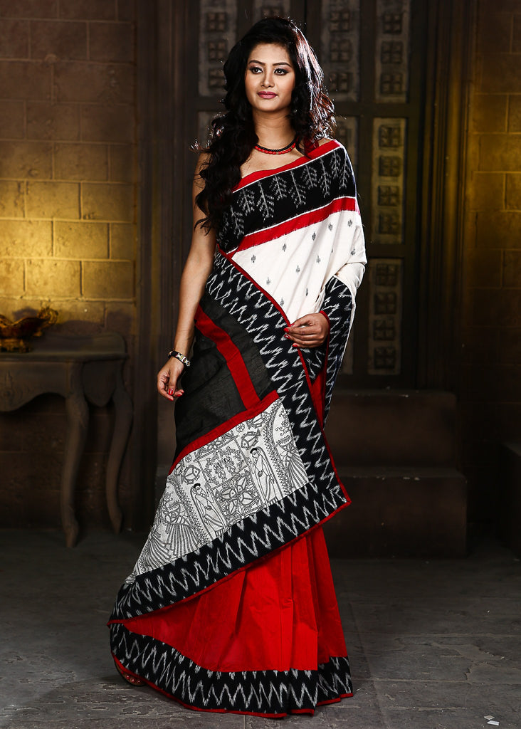 Combination of Ikat & Red Chanderi with madhubani patch on pallu & ikat border - Sujatra