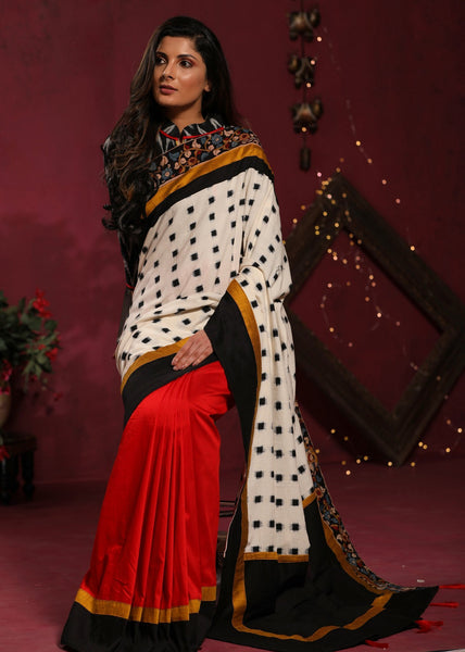 Combination of Ikat & Red cotton silk pleats saree with hand painted kalamkari border
