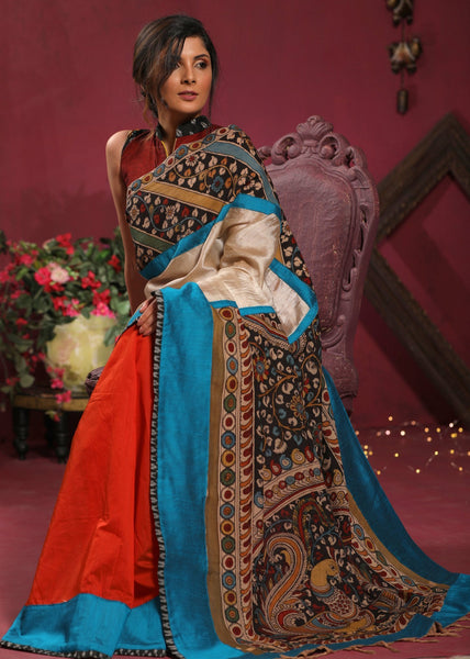 Combination of tussar silk and chanderi pleats saree with hand painted kalamkari pallu