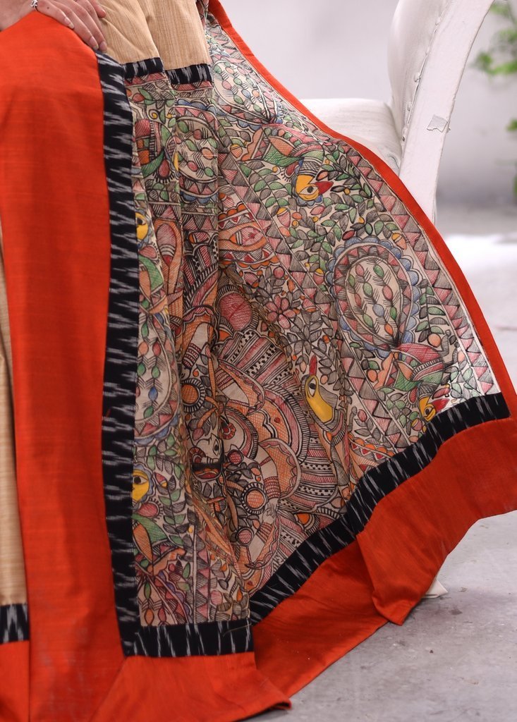 Exclusive semi silk saree with hand painted madhubani pallu & ikat border