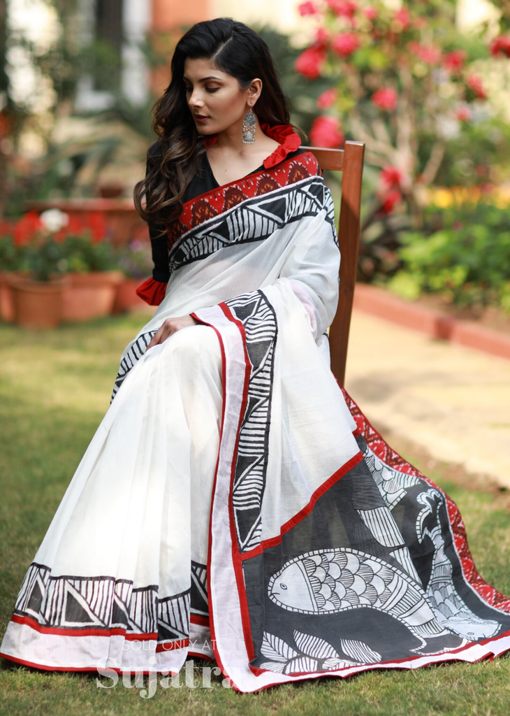 Hand painted chanderi saree with ikat border