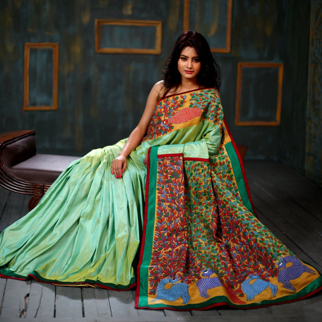 Hand painted Gond art pallu and front with pure raw silk base saree - Sujatra