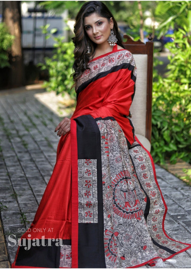 Hand painted Madhubani Saree on fine linen satin