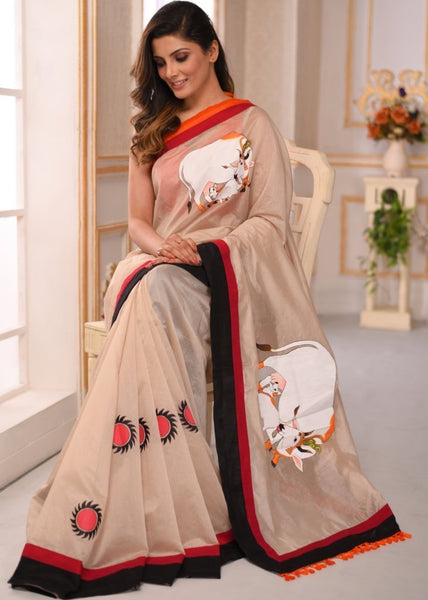 Hand painted pichwai art on off white chanderi saree