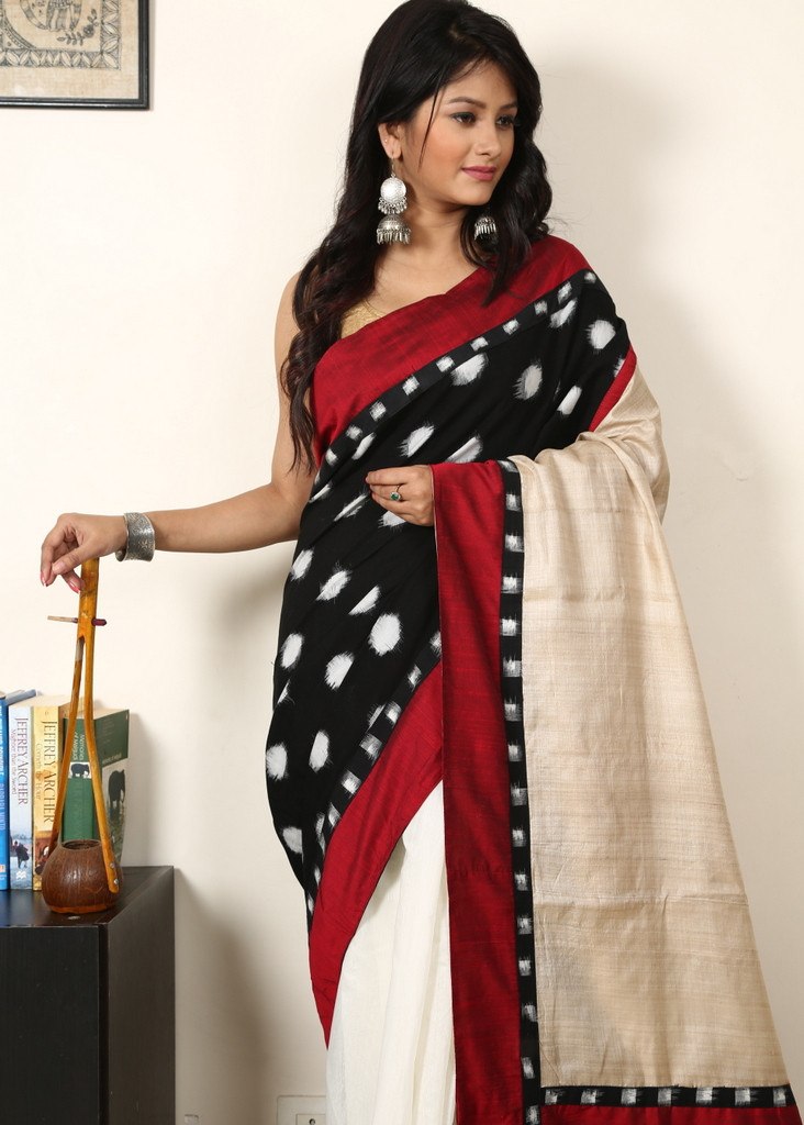 Ikat cotton with pure tasar silk pallu and white chanderi pleats - Sujatra
