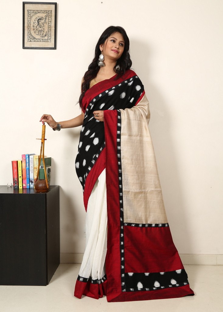 Ikat cotton with pure tasar silk pallu and white chanderi pleats - Sujatra
