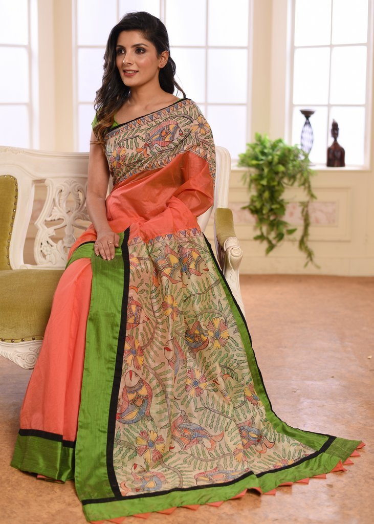 Peach chanderi saree with exclusive hand painted madhubani pallu & border