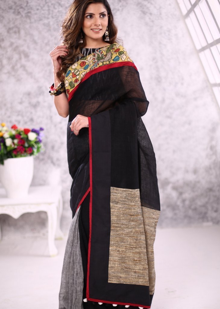 Pure linen saree with ghicha silk pallu & hanpainted kalmkari border
