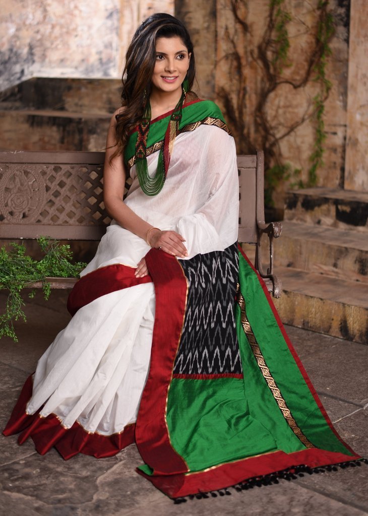 White chanderi saree with ikat patch on pallu