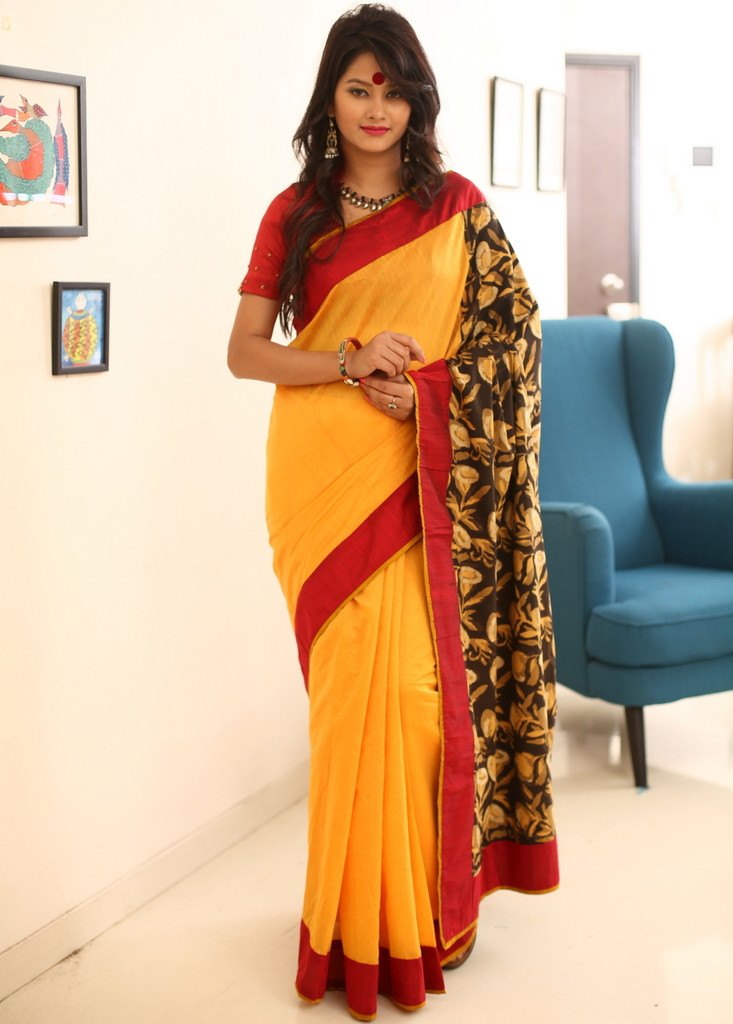 Yellow chanderi with Rajasthani printed cotton pallu - Sujatra