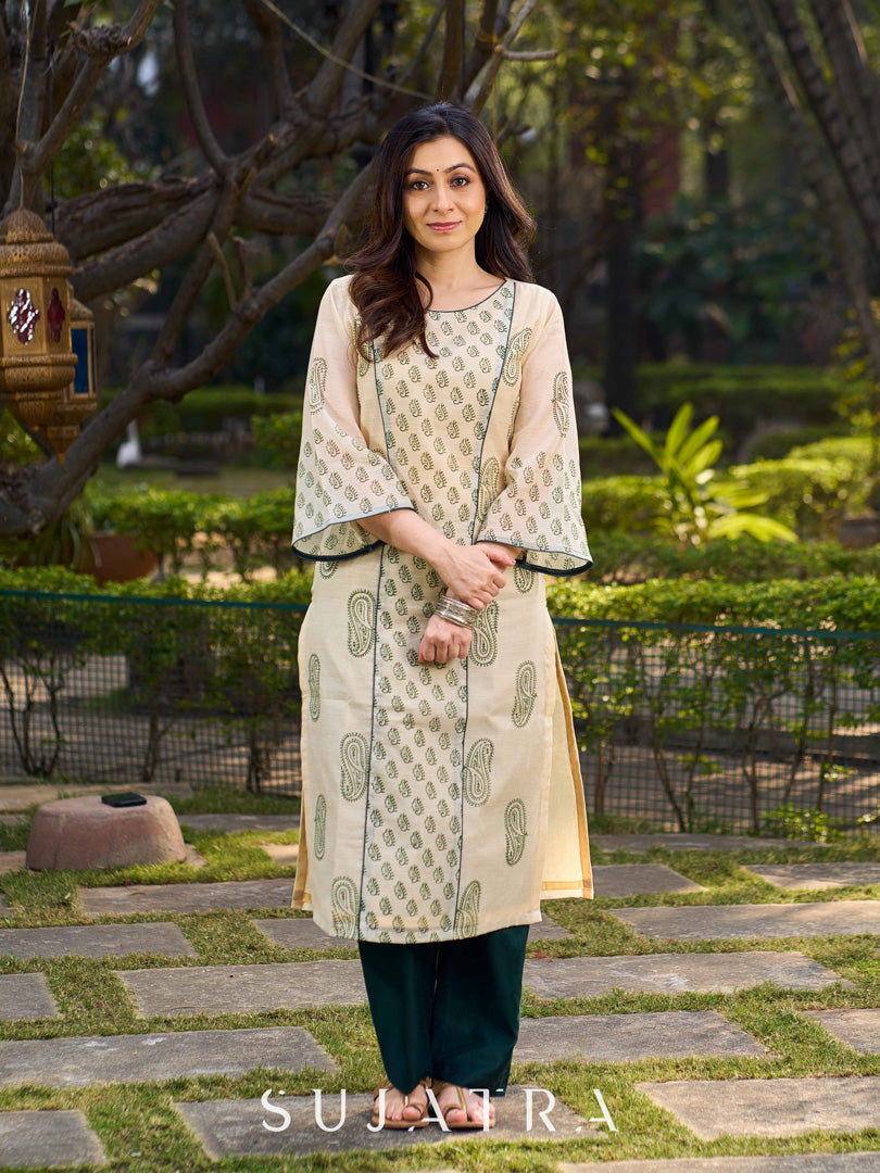 Classic Hand Block Printed Beige Chanderi Kurta Featuring Paisley Panels & Flared Sleeves