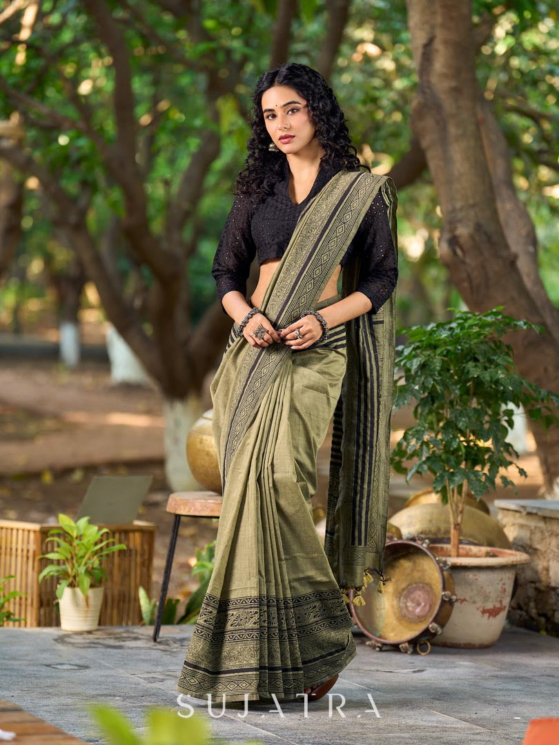 Natural Sage Green Cotton Saree with Traditional Black Hand Block Printed Border