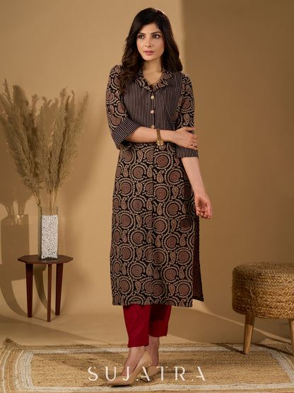 Bold Black Ajrakh Printed Cotton Kurta with Linear Yoke and Cuff Detailing