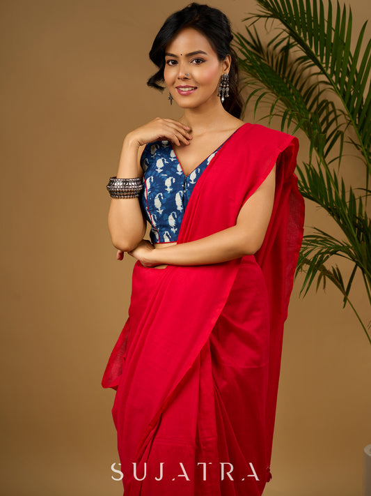 Stunning indigo cotton sleeveless blouse - Optional Plain Saree