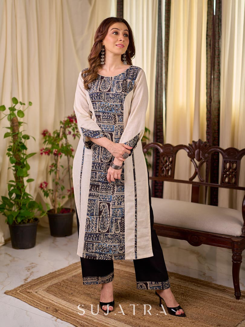 Classic Ivory Cotton Kurta with Navy Kalamkari Patchwork Front Panel