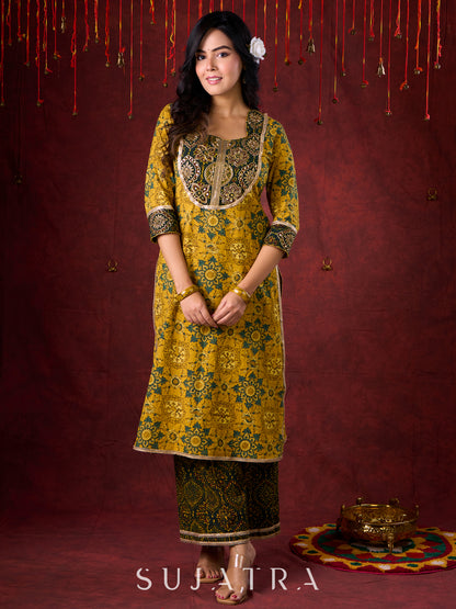 Mustard & Green Ajrakh Cotton Kurta with Minimal Hand Embroidery
