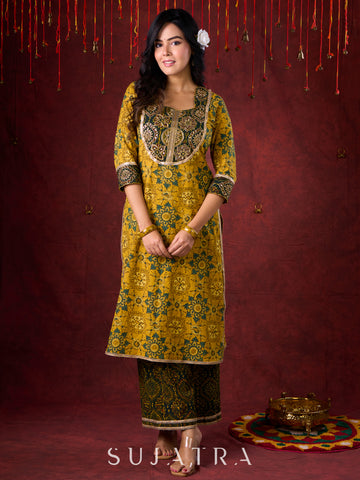 Mustard & Green Ajrakh Cotton Kurta with Minimal Hand Embroidery
