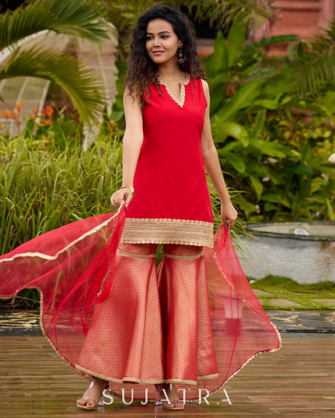 Chic Red Silk Embellished Kurta with Additional Brocade Gharara Bottom and Dupatta Additional