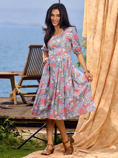 Lilac Bloom Cotton Pleated Dress With Scarlet Floral Print