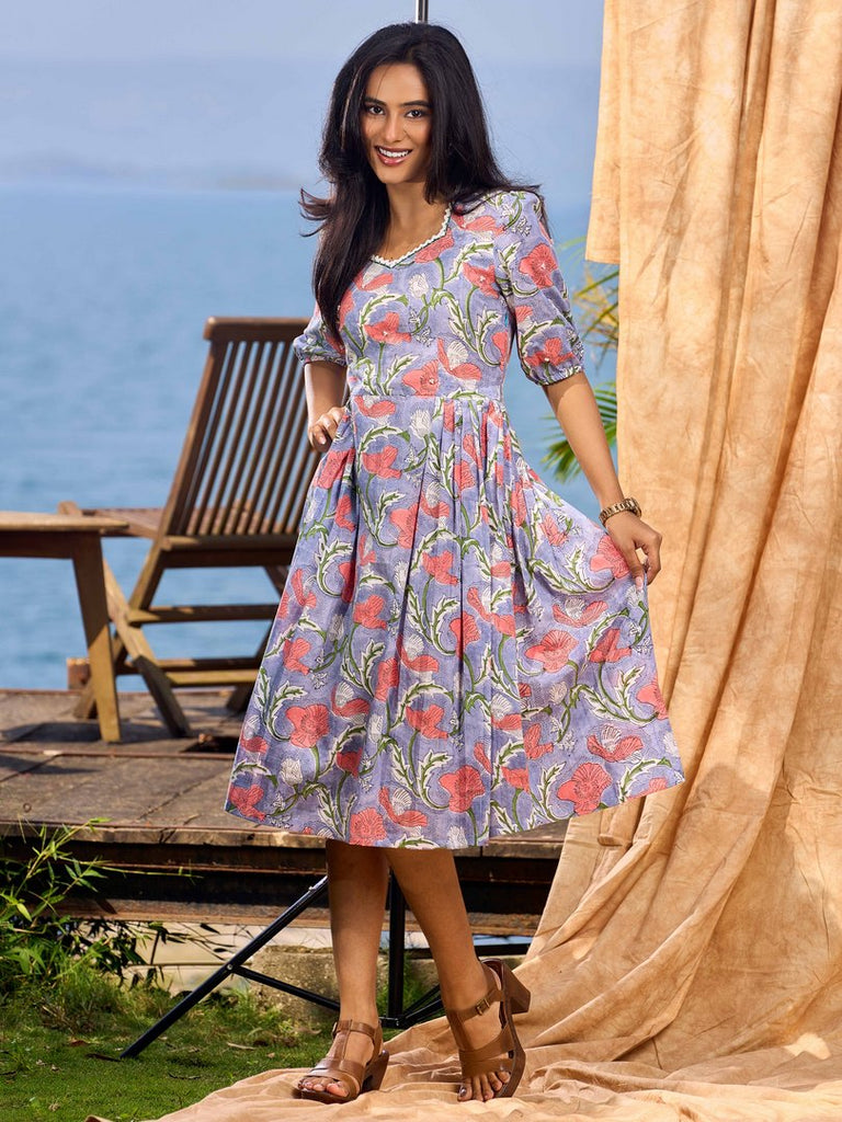 Lilac Bloom Cotton Pleated Dress With Scarlet Floral Print