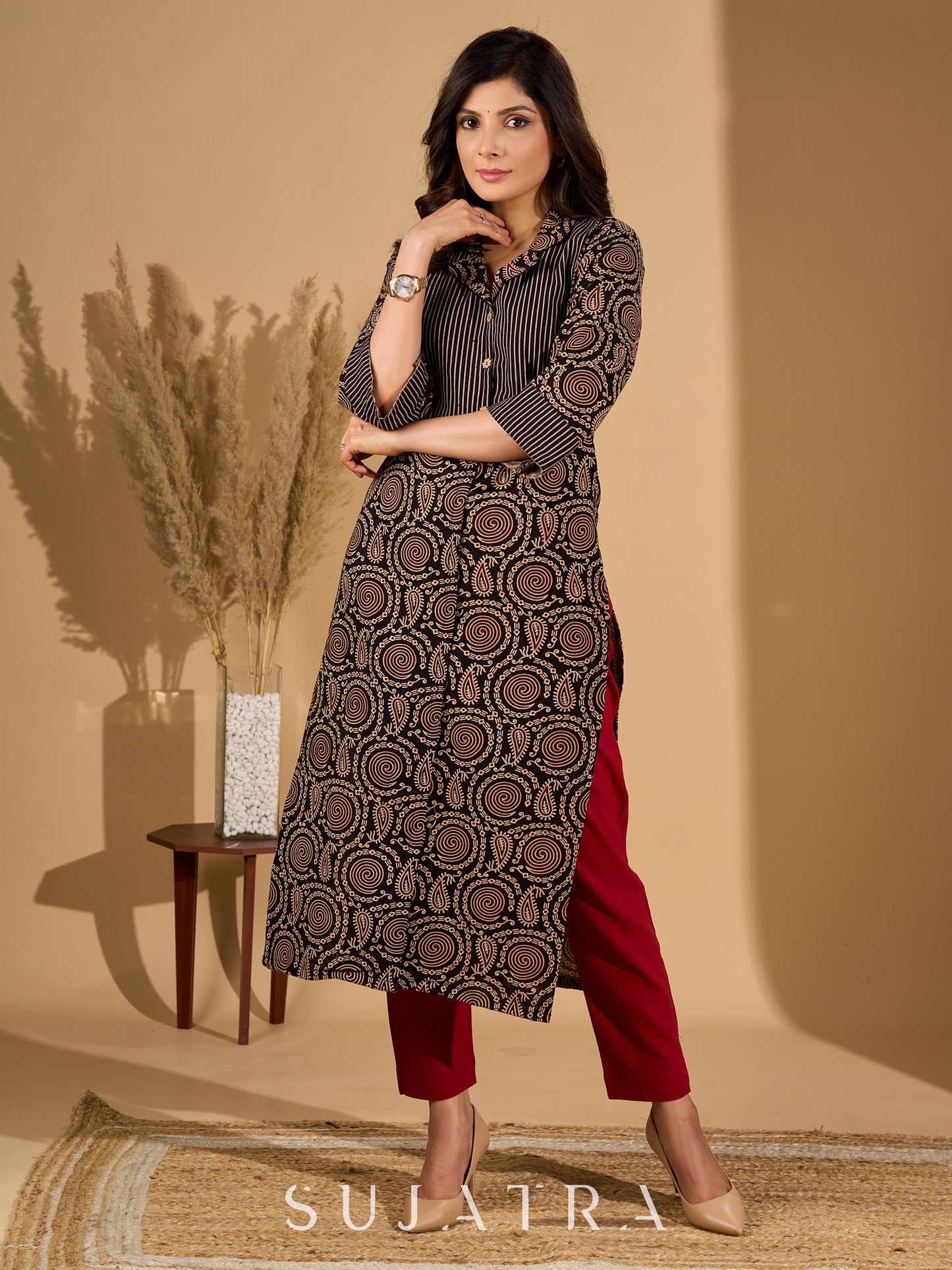Bold Black Ajrakh Printed Cotton Kurta with Linear Yoke and Cuff Detailing