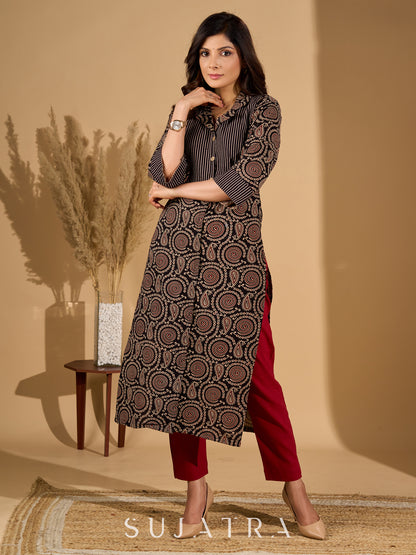 Bold Black Ajrakh Printed Cotton Kurta with Linear Yoke and Cuff Detailing
