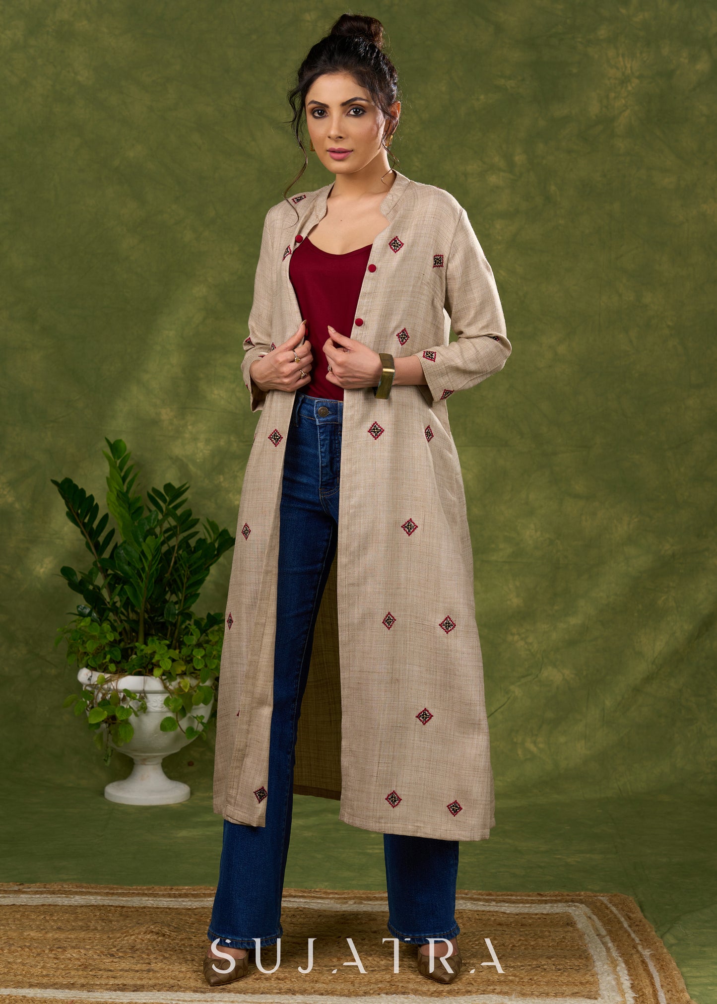 Exquisite Beige Long Shrug Showcasing Artisanal Embroidery Techniques -  Inner Optional