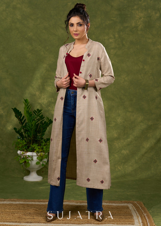Exquisite Beige Long Shrug Showcasing Artisanal Embroidery Techniques -  Inner Optional