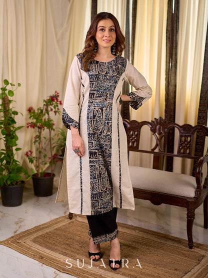 Classic Ivory Cotton Kurta with Navy Kalamkari Patchwork Front Panel