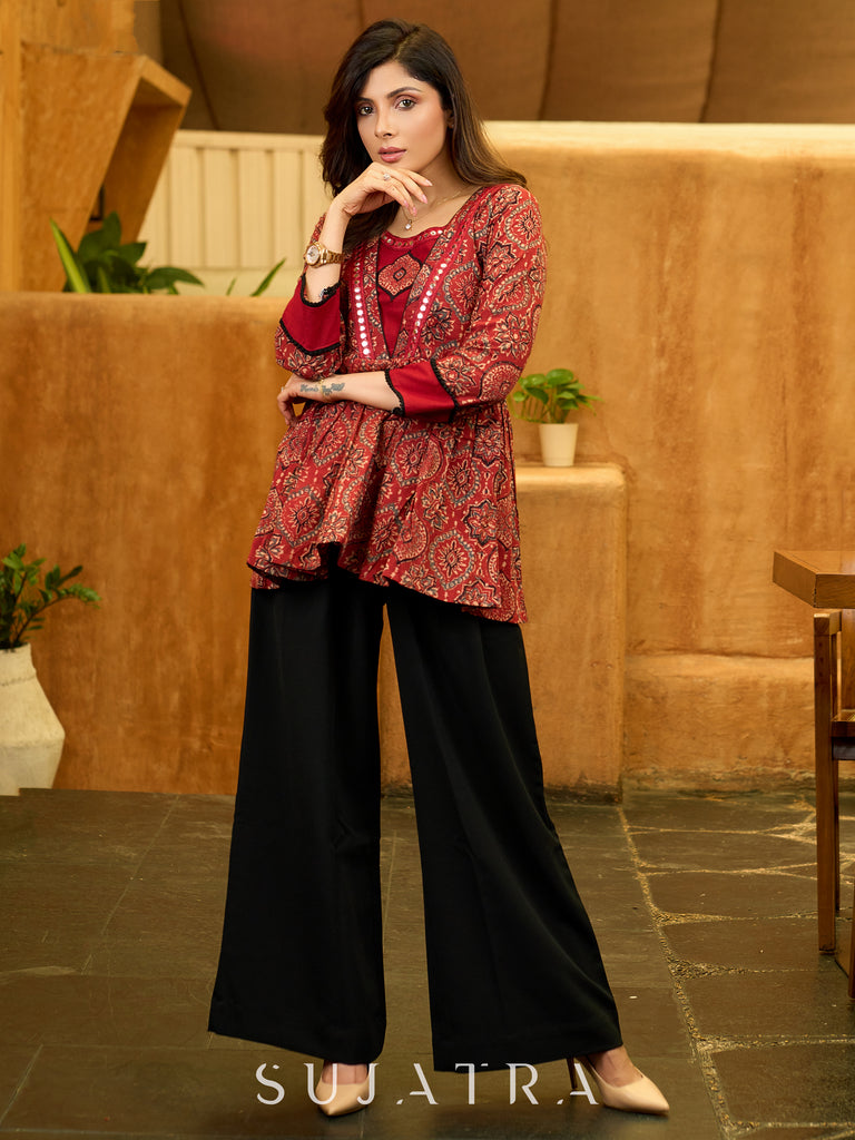Maroon Artisan Ajrakh Top with Mirror Embellishments and Appliqué Work