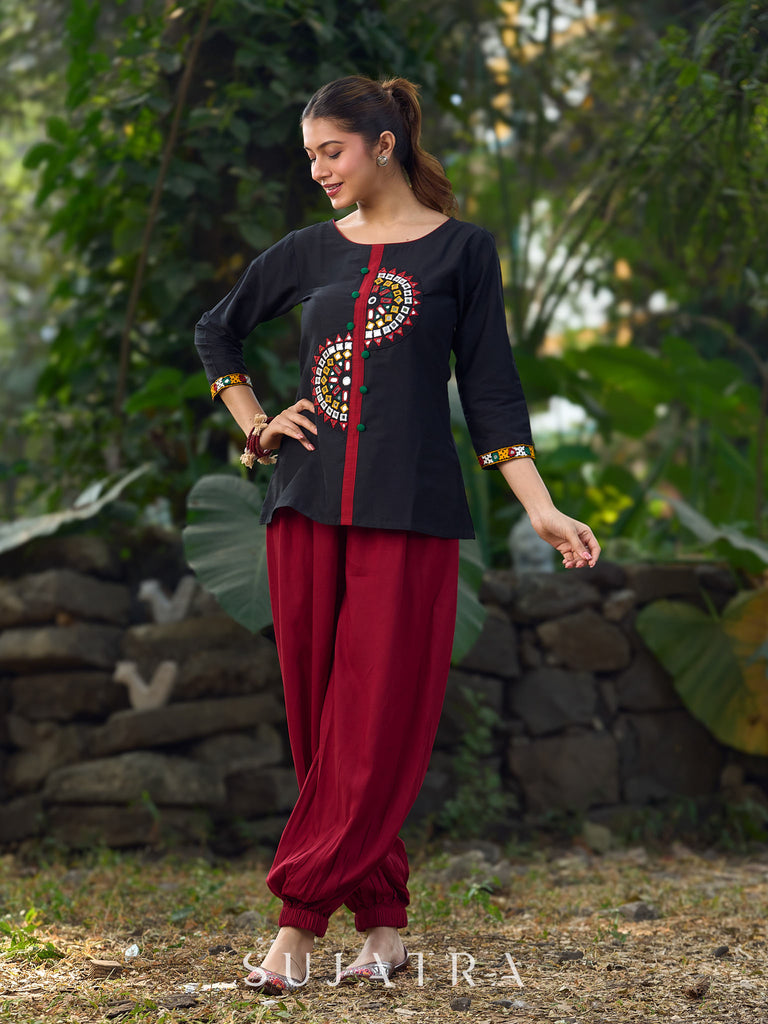 Classic Black Cotton Silk Top Featuring Delicate Kutch Mirror Work Accents & Bold Maroon Placket
