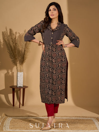 Bold Black Ajrakh Printed Cotton Kurta with Linear Yoke and Cuff Detailing