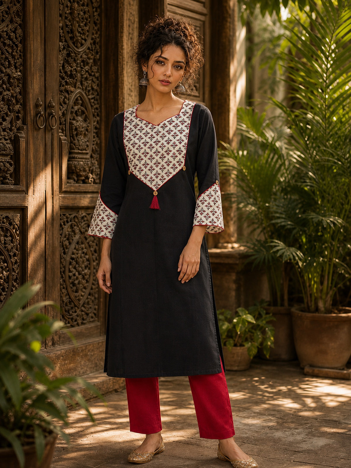 Black Cotton Kurta with Ajrakh Printed Yoke & Matching Cuffs with Minimal Embellishment - Pant Optional