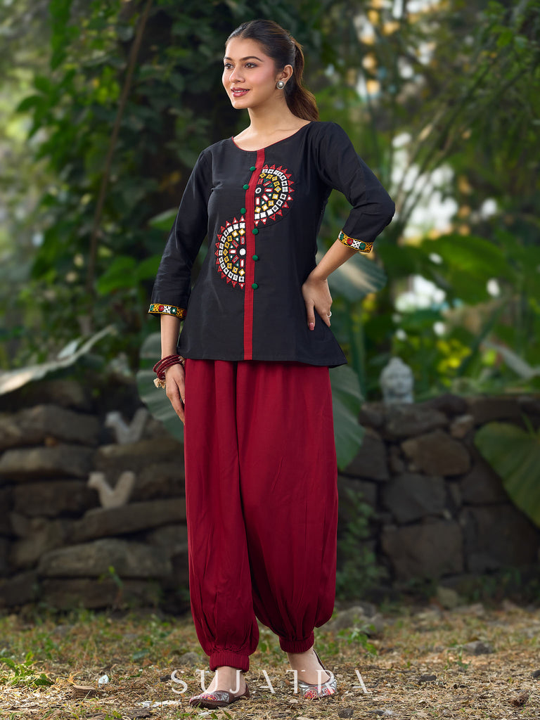 Classic Black Cotton Silk Top Featuring Delicate Kutch Mirror Work Accents & Bold Maroon Placket