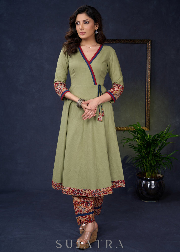 Exclusive-Sage-Green-Cotton-A-Line-Kurta-With-Kalamkari-Combination-Pant-Optional