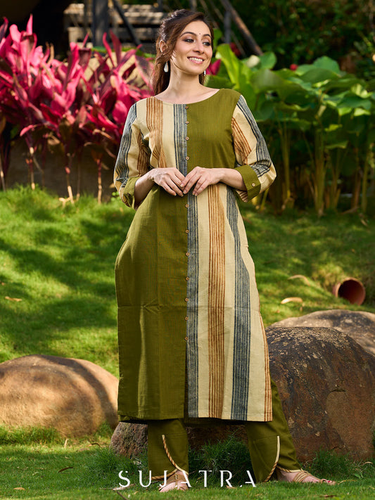 Artisanal Olive Cotton Kurta with Earthy Stripes and Asymmetrical Cut Panels