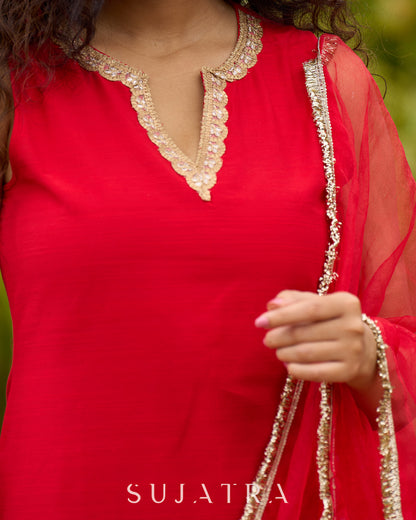 Chic Red Silk Embellished Kurta  - Brocade Pant and  Dupatta Optional
