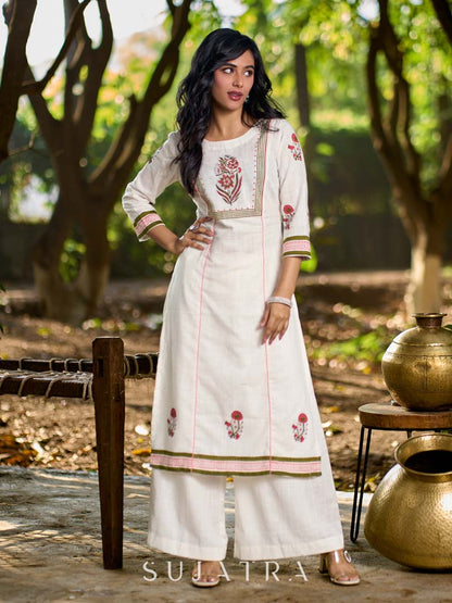 Graceful White Cotton Panel Kurta with Delicate Floral Hand Block Motifs