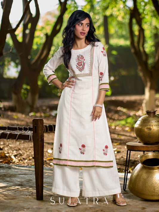 Graceful White Cotton Panel Kurta with Delicate Floral Hand Block Motifs