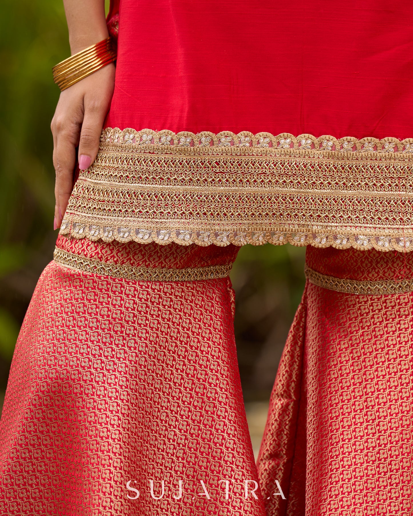Chic Red Silk Embellished Kurta  - Brocade Pant and  Dupatta Optional