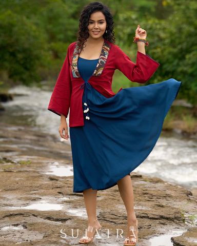 Festive Red Kalamkari Jacket with Shell Tassels – Styled with Rayon Dress