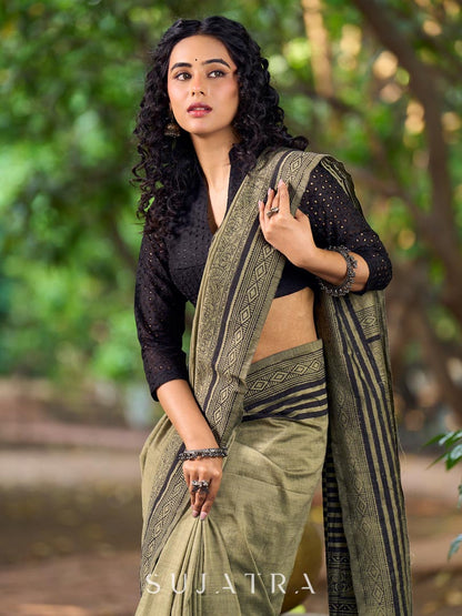 Natural Sage Green Cotton Saree with Traditional Black Hand Block Printed Border