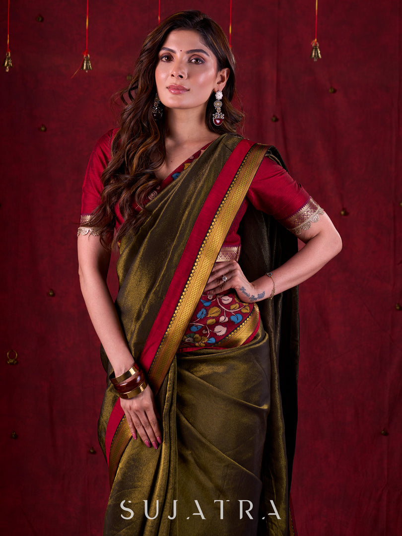 Midnight Black Tissue Saree featuring Maroon Accents & Artisanal Kalamkari and Elegant Zari Border