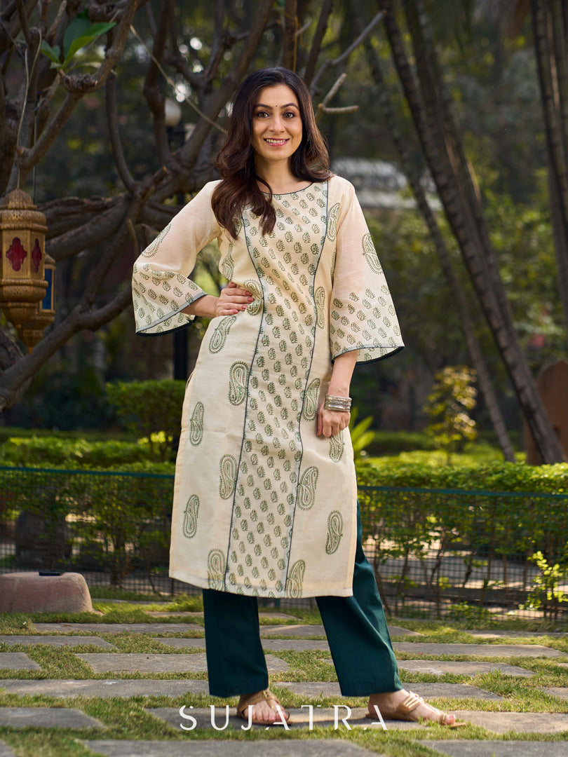 Classic Hand Block Printed Beige Chanderi Kurta Featuring Paisley Panels & Flared Sleeves