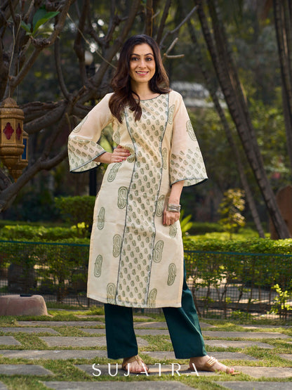 Classic Hand Block Printed Beige Chanderi Kurta Featuring Paisley Panels & Flared Sleeves