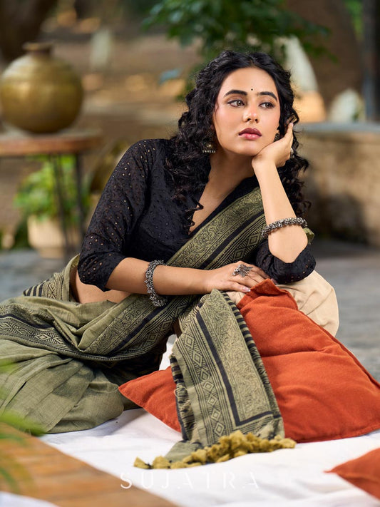 Natural Sage Green Cotton Saree with Traditional Black Hand Block Printed Border