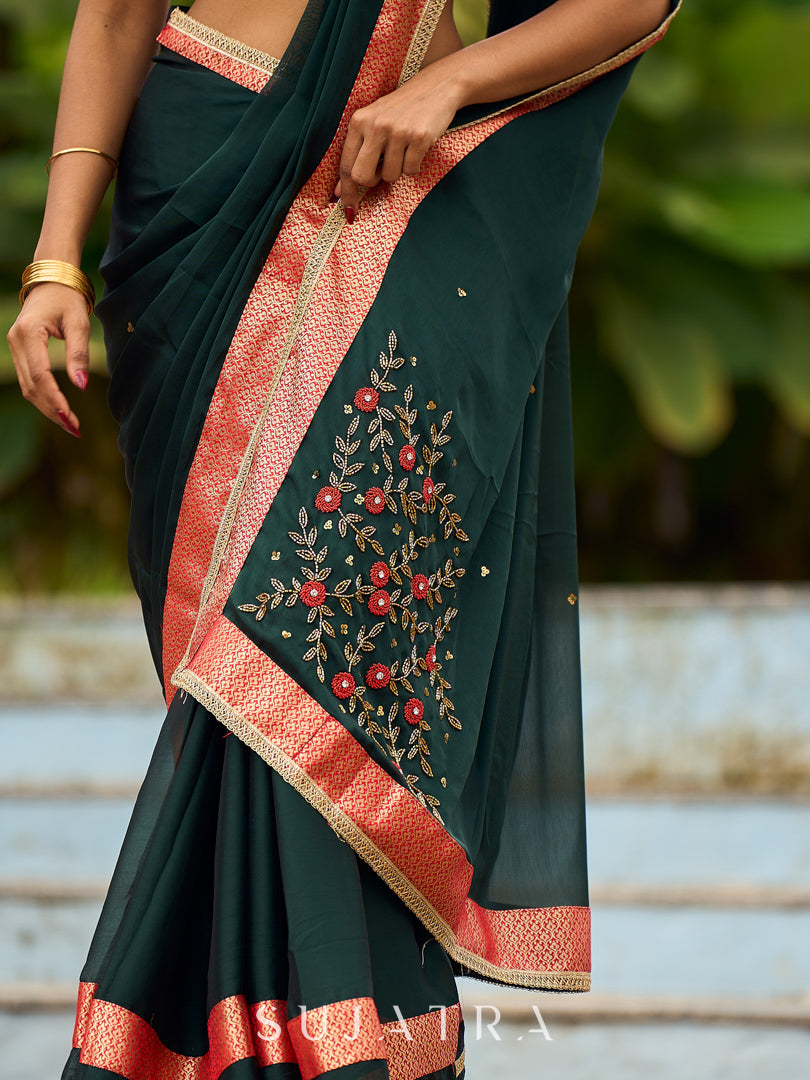 Timeless Bottle Green Georgette Saree with Contrast Red Benarasi Border & Hand Embroidered Pallu