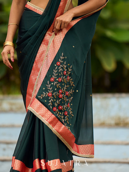 Timeless Bottle Green Georgette Saree with Contrast Red Benarasi Border & Hand Embroidered Pallu